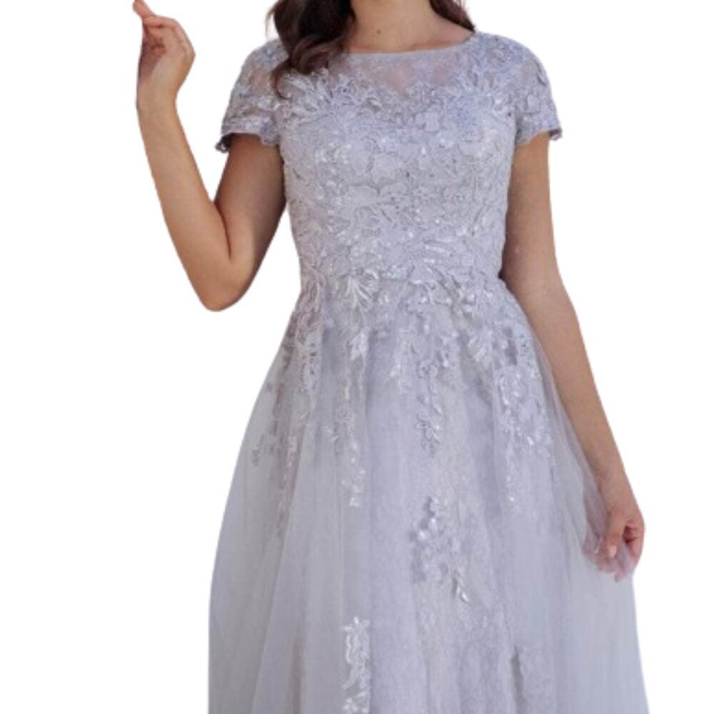 SALE NWT Eureka Fashion EK104 Lace Appliques Mother of the Bride Dress Silver XL